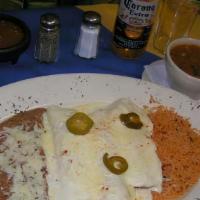 Sour Cream Chicken Enchiladas · 3 chicken enchiladas in corn tortillas w/ sour cream, cheese & jalapeños. Refried beans & ri...