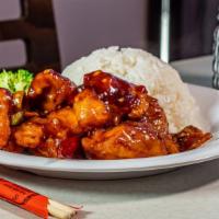 Orange Chicken · Spicy. Tender marinated chicken touch fried until crispy and wok tossed in special sweet and...