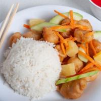 Sweet & Sour Chicken · Tender chicken lightly breaded and fried until golden brown and served with house made the s...