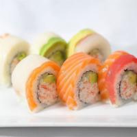 Rainbow Roll · California Roll topped with tuna, salmon, yellowtail, shrimp & avocado
