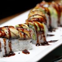 Dragon Roll · California roll topped with eel & avocado drizzled in sweet eel sauce