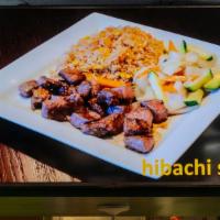 Steak · Hibachi dinner entree served with clear soup, salad, two piece shrimp appetizer, hibachi veg...