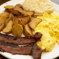 Patio Breakfast · Customized catering menus available. Patio breakfast two eggs, two bacon, and toast or biscu...