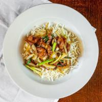 Mongolian · Sauteed onion and scallion with sweet brown sauce, with crispy rice noodles. Served with ste...