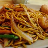 Lo Mein · Stir fried soft noodles with onion, bean sprout, carrot, Chinese cabbage, and scallions. Cho...