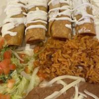 Flautas · 4 corn tortillas rolled and fried stuffed with chicken or deshebrada. Served with rice, bean...