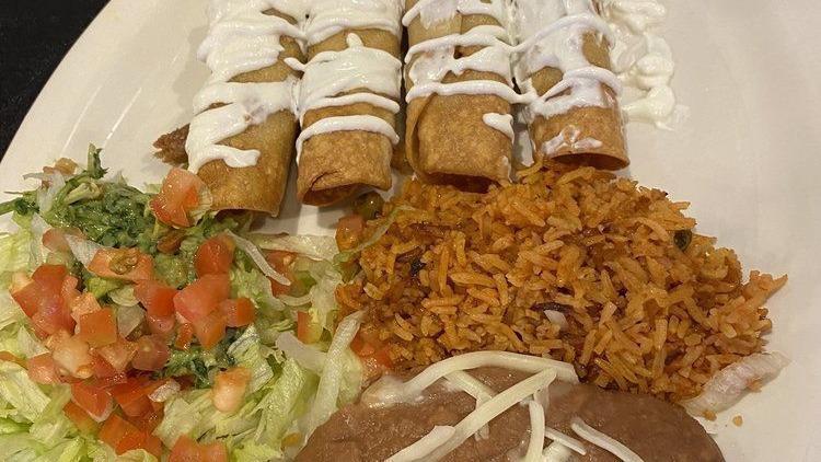 Flautas · 4 corn tortillas rolled and fried stuffed with chicken or deshebrada. Served with rice, beans and salsa, guacamole and cream.
