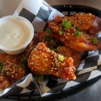 Wings - 1/2 Order · Five wings tossed in your favorite sauce. Your choice of sauce. (Sweet pepper Thai, BBQ, Lem...