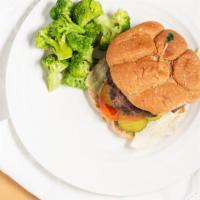 Hamburger · Served on wheat bun with lettuce, tomato, pickles, mayo and french fries. 700-869cal