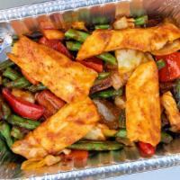 E1 Gai Pad Khing · Sauteed sliced chicken with, bell peppers, cabbage, carrots and string beans in fresh ginger...