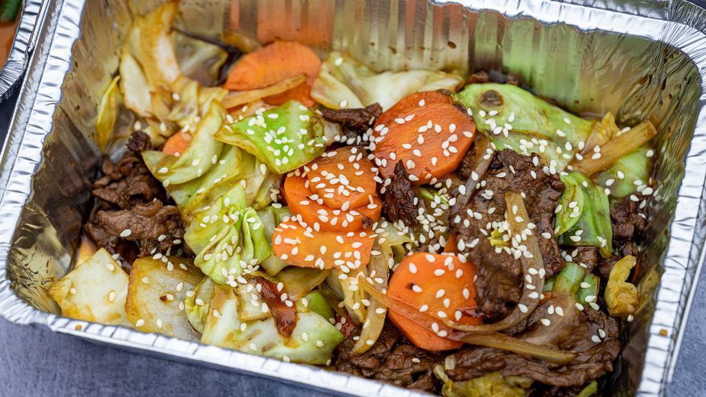 E7 Beef Bulgogi · Sauteed sliced beef with cabbage, carrots and onions in house bulgogi sauce
