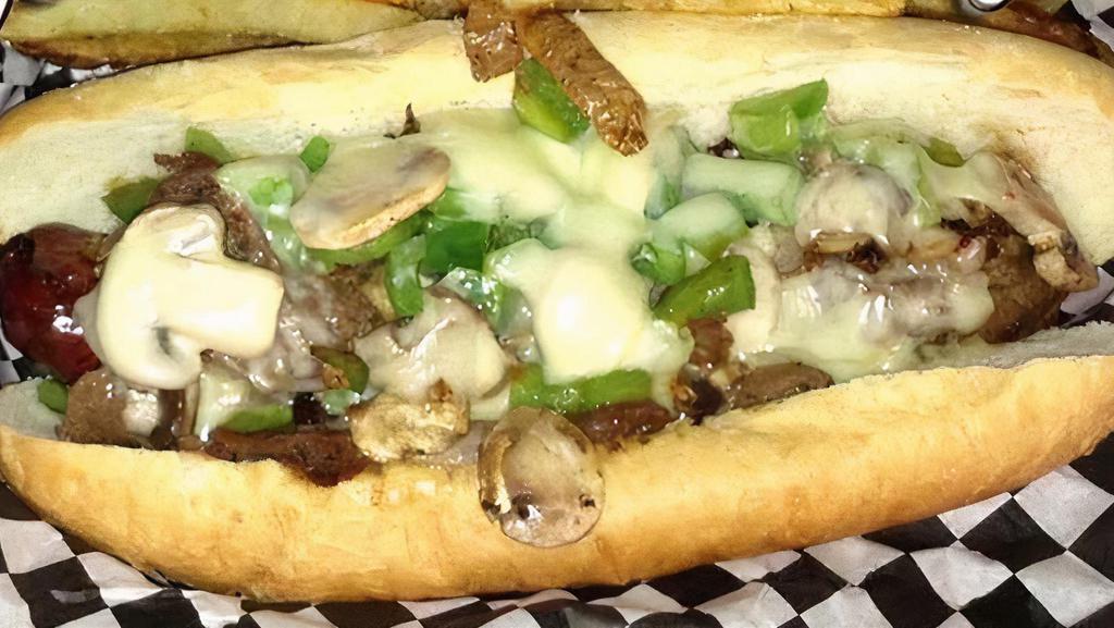 Cheesesteak & Italian Sausage · Link of Italian sausage, topped with grilled tender sirloin served with grilled onions, sweet bell peppers, mushrooms and white American cheese.