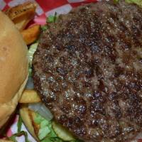 Hamburger · Half pound black Angus beef patty served on a toasted bun with lettuce, pickles, onions, tom...