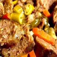 Beef & Sausage Combo Bowl · Seasoned thin sliced roast beef and sliced mild Italian sausage in au jus, garnished with gr...