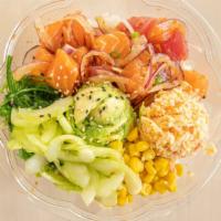 Fukuro Bowl · Salmon, tuna, all mix in, original poke sauce, spicy crab, seaweed salad, avocado, corn, cuc...