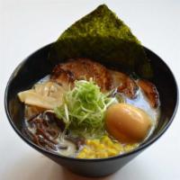 Hero'S Tonkotsu Ramen · Regular noodle, pork chashu, green onion, kikurage (black mushroom), menma (bamboo shoot), c...