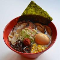 Hero'S Spicy Miso Ramen · Regular noodle, pork chashu, green onion, kikurage (black mushroom), menma (bamboo shoot), c...