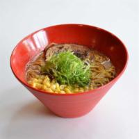 Miso Ramen · Regular noodle, pork chashu, green onion, corn, miso paste.
