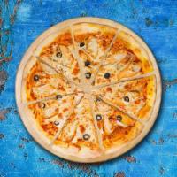 Bbq Chicken Pizza · Roasted chicken, bacon, red onions, cheddar and mozzarella cheese. Our sauce contains no add...