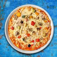 Classic Veggie Pizza · Black olives, onions, fresh mushrooms, mozzarella cheese, spinach, tomatoes, red yellow and ...