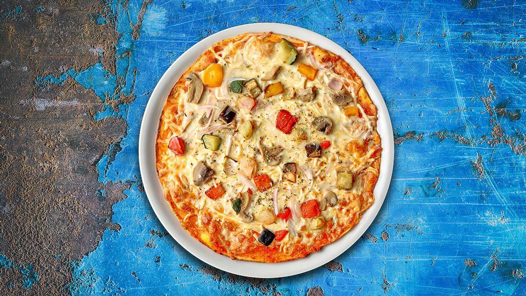 Classic Veggie Pizza · Black olives, onions, fresh mushrooms, mozzarella cheese, spinach, tomatoes, red yellow and green peppers.
