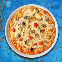 Classic Veggie Gluten Free Pizza · Black olives, onions, fresh mushrooms, mozzarella cheese, spinach, tomatoes, red yellow and ...