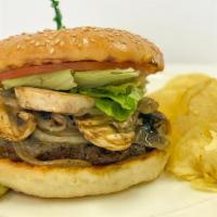 Swiss Mushroom Burger · Beef patty, lettuce, tomato, sautéed mushrooms, and onions topped with melted Swiss cheese. ...