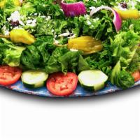 Greek Salad · Lettuce cucumbers onions tomatoes kalamata olives pepperoncini peppers greek dressing and fe...