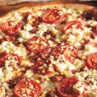 Original Crust White Cheezy Pizza · Bacon, onions, sliced tomatoes, white sauce and our signature three cheeses, plus feta