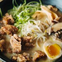 Creamy Broth Chicken Ramen · Rich chicken broth served with curly noodles, Japanese fried chicken, marinated soft boiled ...