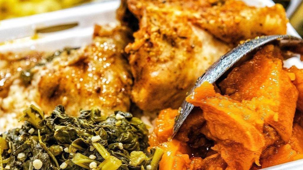 Herb Roasted Chicken · Choice of white or red meat, seasoned with herbs and spices, and roasted to perfection. Served with rice and choice of 2 sides.