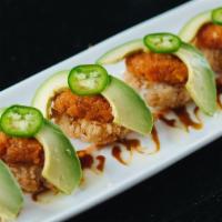 Crispy Rice Spicy Tuna · 6 pcs of lightly fried crispy sushi rice topped with spicy tuna, jalapeno, avocado, and gree...