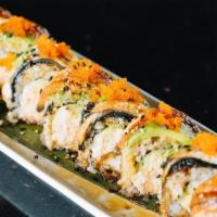 Dragon · California roll topped with freshwater eel, avocado, and smelt egg, served with sweet eel sa...