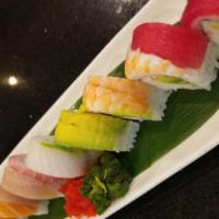 Rainbow · California roll topped with ahi tuna, salmon, red snapper, albacore, shrimp, and avocado, se...