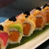 Scorpion · Spicy. Spicy tuna roll topped with ahi tuna, salmon, red snapper, albacore, shrimp, avocado,...