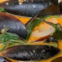 Red Curry Mussels · Mussels, red curry, white wine, garlic, lemongrass, coconut milk, lime juice