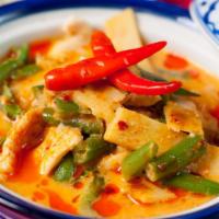 Red · Gluten free. Red curry, bamboo shoots, green beans, bell peppers, fresh basil, coconut milk.