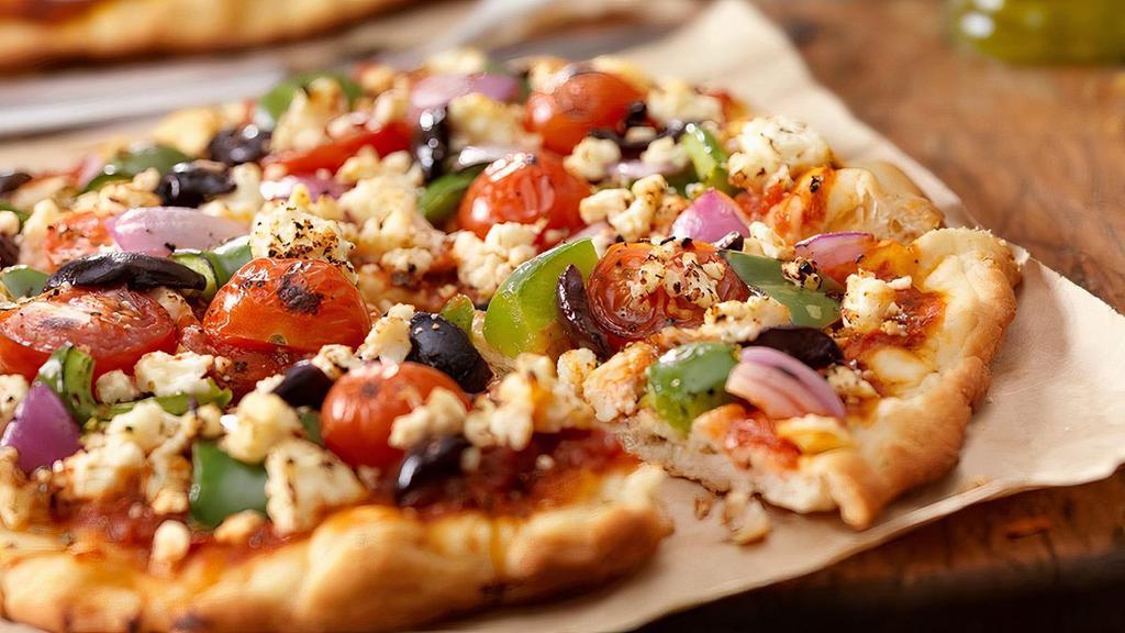 Mediterranean Flatbread · Pesto Sauce, Cheese, Black Olives, Red Onions, Roasted Red Peppers