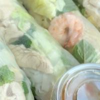 Spring Rolls · Chicken or Shrimp. Lettuce, carrot, basil, and rice noodles. Served with peanut sauce. 4 pie...