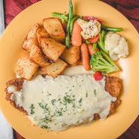 Parmesan Fillet · Grilled catfish fillet covered in a crunchy parmesan batter, topped with our creamy alfredo ...
