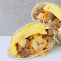 Sausage Breakfast Burrito-Potato, Eggs, Sausage, Cheese · Potato, eggs, sausage and Cheddar cheese.