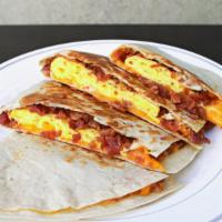 Breakfast Quesadilla · Flour tortilla with Cheddar cheese, eggs and bacon