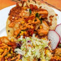 Tacos Gobernador (3) · Shrimp, queso asadero, tomato, onions, garlic, chile poblano, sour cream- mayo sauce. Side o...