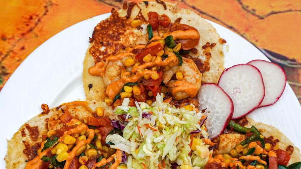 Tacos Gobernador (3) · Shrimp, queso asadero, tomato, onions, garlic, chile poblano, sour cream- mayo sauce. Side of white rice.