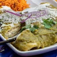 Enchiladas · Green enchilada choose chicken or cheese, topped with cheese, onions, sour cream and cilantro
