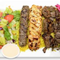 Combination Feast · A combination of your favorite Shish kabob, Kifta Kabob, Chicken kabob, and Beef Shawarma.