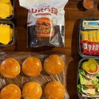 Burger Kit · Includes:

-8 pc.   1/2lb Frozen Patties
-8 pc.   Hamburger Buns
-8 pc.   Burger Set-Ups (le...