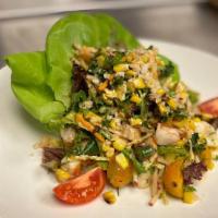Los Cabos Seafood Salad · Shrimp, butter lettuce, tomatoes, carrots, avocado, com, macadamia nuts, cilantro miso dress...