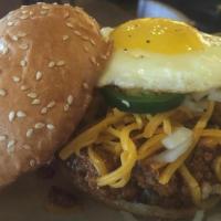 Preston Trail · Chili, American Cheese, Fresh Jalapenos, Onions, & Mustard. (Pictured with Optional EGG).