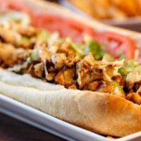 The Bbq Chicken Sub · Sweet tangy BBQ sauce smothered on crispy chicken tenders, diced onions, banana peppers and ...